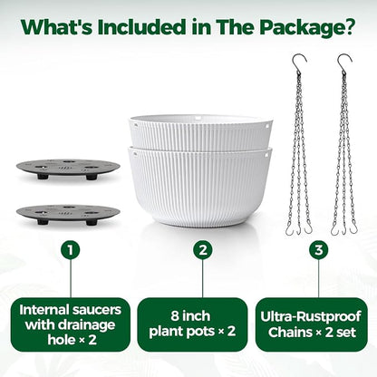 T4U Hanging Planter Self Watering 8 Inch, 2 Pack White Indoor Hanging Plant pots, Hanging Flower Pot with Drainage Hole & Plug & Chain with 3 Hooks for Garden Home Decor