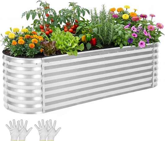 YITAHOME 8x2x2ft Galvanized Oval Raised Garden Bed, Metal Planter Box with Safety Rubber, Gloves, Outdoor Flower Bed for Planting Plants Vegetables, Silver