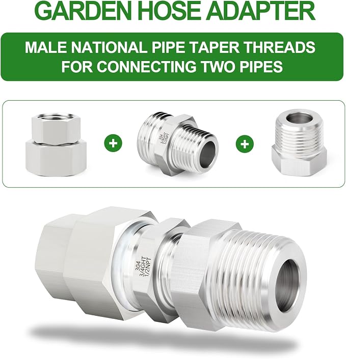TAISHER 1PCS 304 Stainless Steel Garden Hose Adapter, 3/4" GHT Male x 1/2" NPT Male Garden Hose Connector with Washers