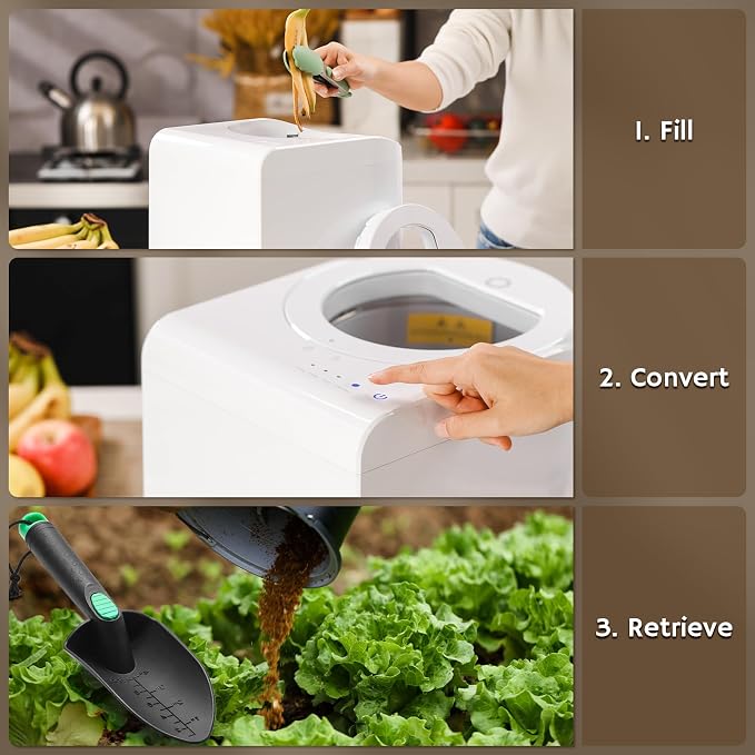 Airthereal Revive R500-V Electric Kitchen Composter with Visual Cover, Upgraded SHARKSDEN® Tri-Blade, Turn Food Waste and Scraps into Dry Natural Fertilizer for Plants, Pearl White