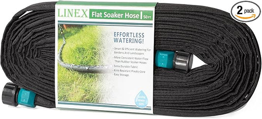 LINEX Flat Soaker Hose 100 ft for Garden Beds, 1/2'' x 50 ft 2 Pack Drip Irrigation Hoses Save Water 80% Heavy Duty for Vegetable