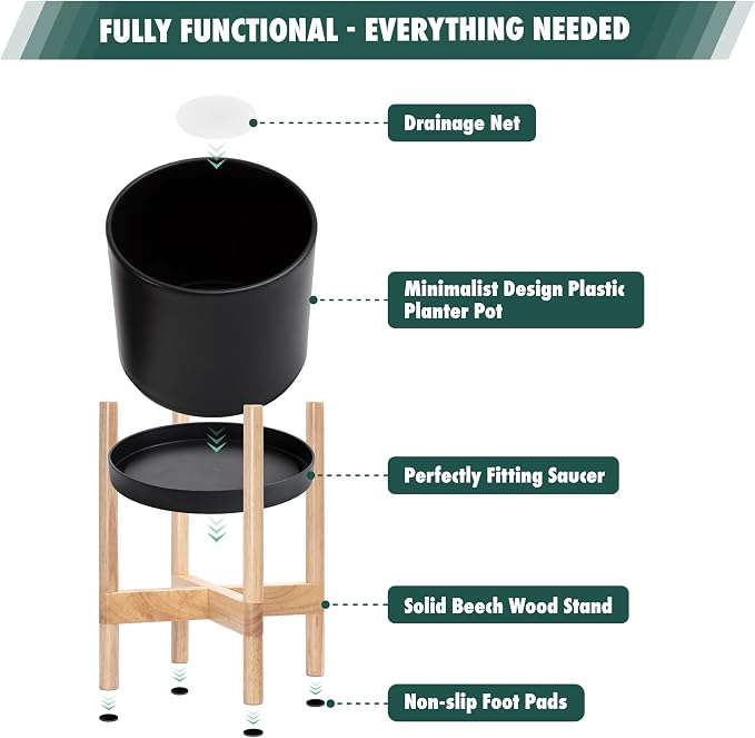 D'vine Dev Plastic Pot with Natural Wood Stand, Black, 8 in, 55-C-J-2 | Mid-Century Inspired Design, Elevated Plant Display, Clean Lines, Sturdy Support, Modern Space-Saving Style