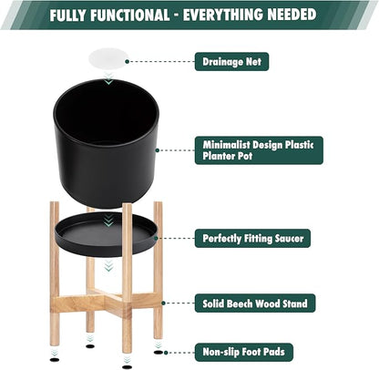 D'vine Dev Plastic Pot with Natural Wood Stand, Black, 10 in, 55-C-M-2 | Mid-Century Inspired Design, Elevated Plant Display, Clean Lines, Sturdy Support, Modern Space-Saving Style