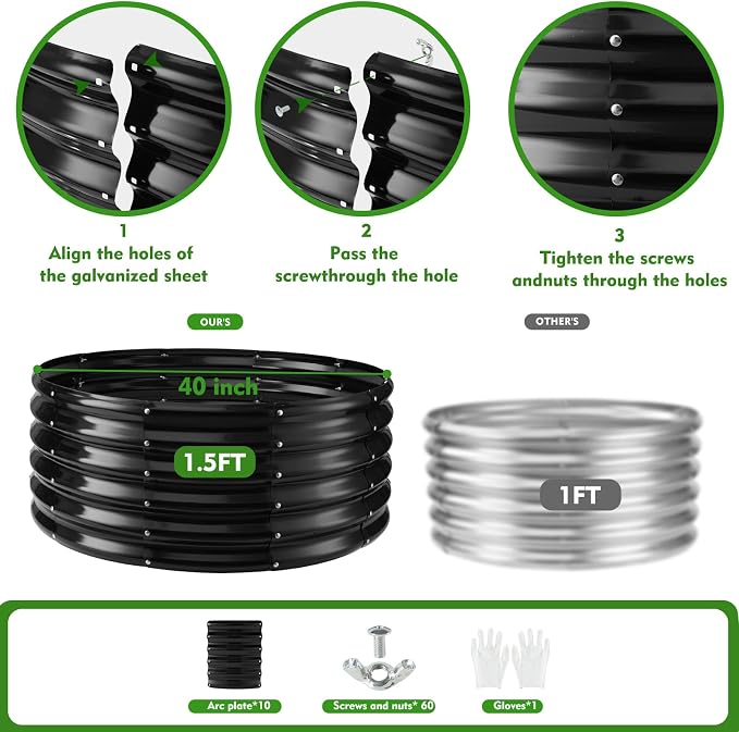 YSEJOMP 17" Tall 40" Diameter Round Raised Garden Bed Kits Outdoor Black | 1.5 FT Tall,3.3FT Planter Bed for Flowers,Herbs,Vegetables,Trees,0.8MM Thick Galvanized Metal Painted,with Gloves,Tool free