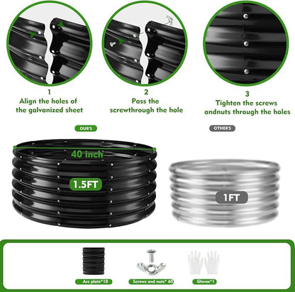 YSEJOMP 17" Tall 40" Diameter Round Raised Garden Bed Kits Outdoor Black | 1.5 FT Tall,3.3FT Planter Bed for Flowers,Herbs,Vegetables,Trees,0.8MM Thick Galvanized Metal Painted,with Gloves,Tool free