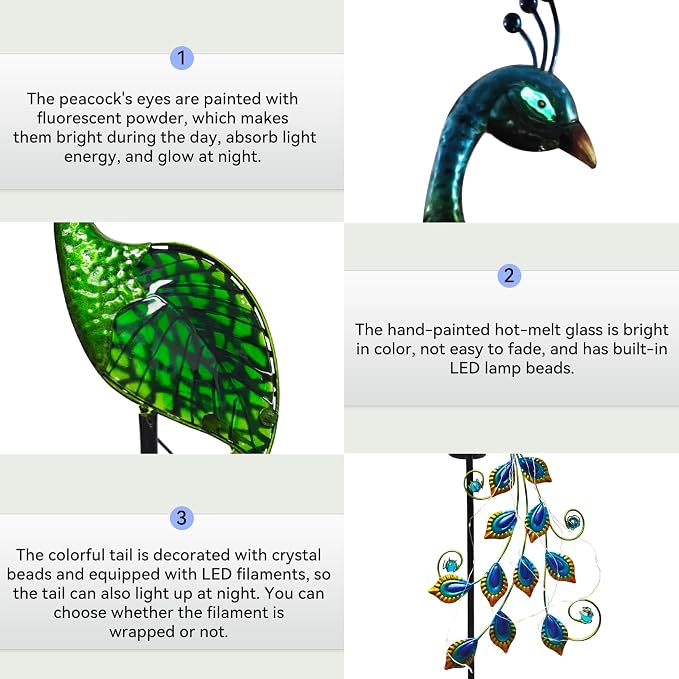 Solar Peacock Garden Stake Lights Waterproof Metal Outdoor Decor | Solar Peacock Garden Stake Lights, Waterproof Metal Glass, Thick Stake, Glow-In-The-Dark Eye, For Pathway Patio Yard Decor