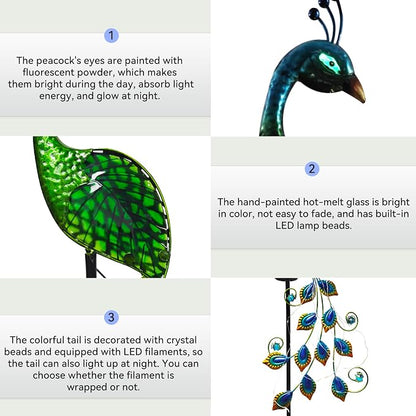 Solar Peacock Garden Stake Lights Waterproof Metal Outdoor Decor | Solar Peacock Garden Stake Lights, Waterproof Metal Glass, Thick Stake, Glow-In-The-Dark Eye, For Pathway Patio Yard Decor