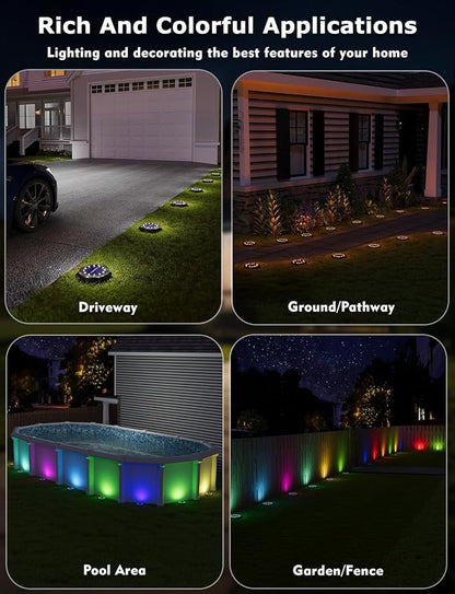Color Changing Solar Ground Lights with Remote, IP67 Waterproof, 16Pack | 9-Color & 2 Dynamic RGB, 33ft Long Distance Remote Control, Dusk-to-dawn Light Up, Outdoor Flat Disk Light for Yard Lawn Path