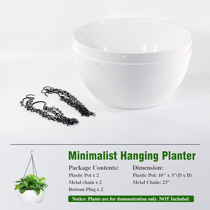 WSMKSZ 10 inch Hanging Planters for Outdoor Indoor Plants with Drainage Holes and Chain, 2 Pack Round Hanging Flower Plant Pots for Garden Home Porch Decor, White