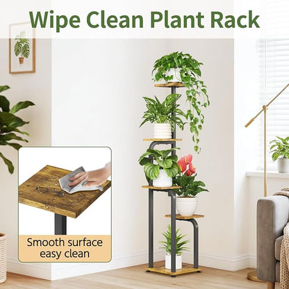 LASZOLA 5 Tiered Plant Stand Tall for Indoor Corner, Modern Multiple Flower Display Rack with Wooden Tray, Vertical Planter Shelf for Living Room Bedroom Patio Garden Balcony, Black Brown