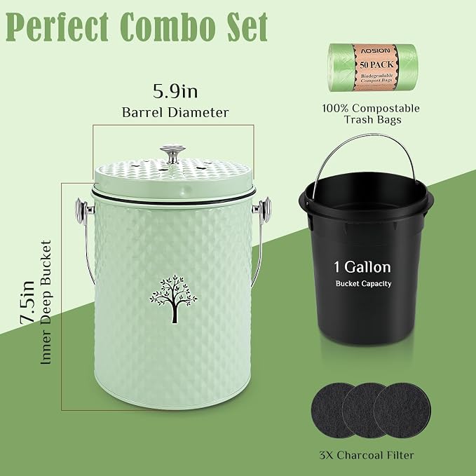 AOSION Countertop Compost Bin, Odor-Free Food Waste Container with 50 Bags | 1 Gallon Container,2 Carbon Filters,Compost Bucket, coffee grounds
