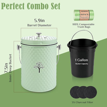 AOSION Countertop Compost Bin, Odor-Free Food Waste Container with 50 Bags | 1 Gallon Container,2 Carbon Filters,Compost Bucket, coffee grounds