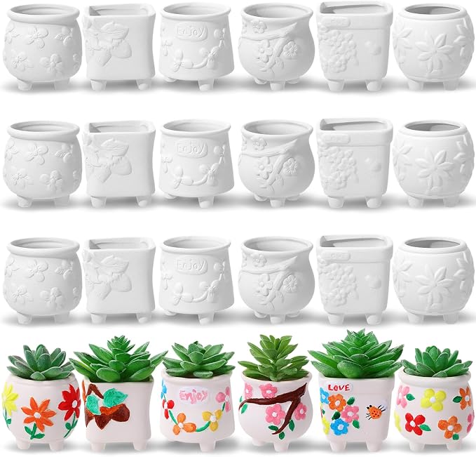 Leitee 18 Pcs Paint Your Own Ceramic Pot Bulk 2.76 in, Ready to Paint Small Pot Mini Succulent Planters Pottery Painting for Summer Classroom Craft Gift DIY Art Activity (Lovely Flowers)