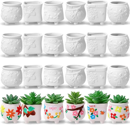 Leitee 18 Pcs Paint Your Own Ceramic Pot Bulk 2.76 in, Ready to Paint Small Pot Mini Succulent Planters Pottery Painting for Summer Classroom Craft Gift DIY Art Activity (Lovely Flowers)