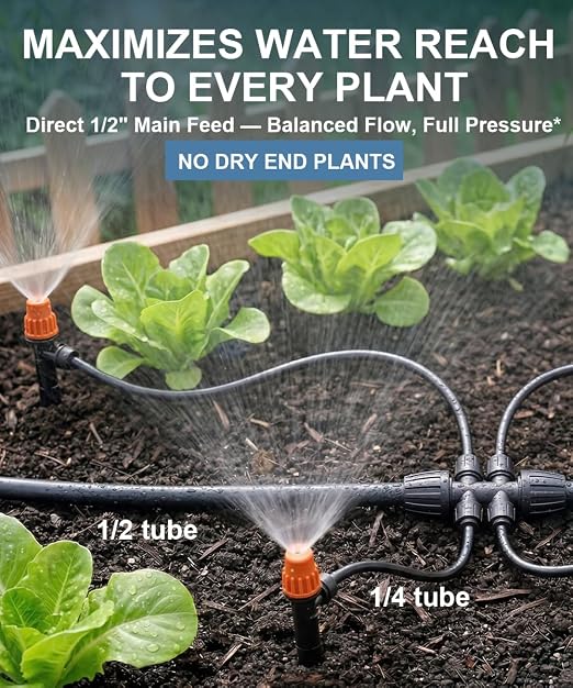 1/2" Drip Irrigation System Kit with 40 Adjustable Nozzles, PE UV-Resistant | All Quick-connect, 2X Lifespan of PVC, Easy Connect, 40FT 1/2" Main tube+ 197FT 1/4" Tube, 4 Nozzle Types