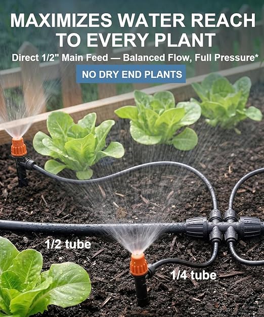 1/2" Drip Irrigation System Kit with 30 Adjustable Nozzles, PE UV-Resistant | Quick-connect, 2X Lifespan of PVC , Leak-Proof for Indoor Pots, 26FT 1/2" Main tube+ 100FT 1/4" Tube, 4 Nozzle Types