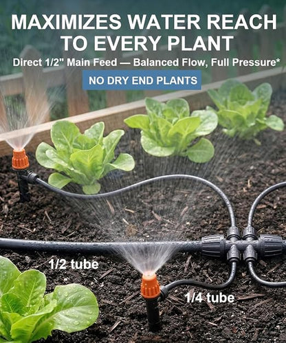 1/2" Drip Irrigation System Kit with 40 Adjustable Nozzles, PE UV-Resistant | Quick-connect, 2X Lifespan of PVC , Leak-Proof for Indoor Pots, 40FT 1/2" Main tube+ 197FT 1/4" Tube, 4 Nozzle Types