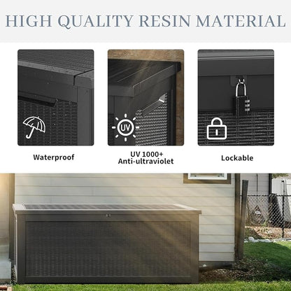 NUNU LAB Outdoor Storage Box, 320 Gallon Deck Box, Resin Waterproof Outside Storage Bench, Outdoor Storage Cabinet With Lockable Lid, Backyard Deck Box For Garden Tools, Patio Cushions, Black