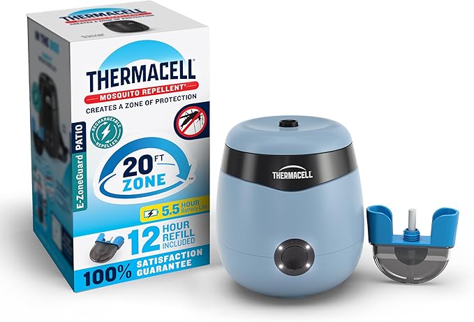 Thermacell E-ZoneGuard Patio Rechargeable Mosquito Repeller with 20-Foot Zone of Scientifically Proven Outdoor Protection; 5.5-Hr Battery; 12-Hr Refill; Bug Spray Alternative; DEET-Free; Blue