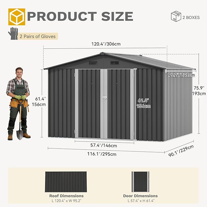 DWVO 10x8ft Outdoor Storage Shed, Large Metal Tool Sheds, Heavy Duty Storage House with Lockable Doors & Air Vent for Backyard Patio Lawn to Store Bikes, Tools, Lawnmowers, Dark Gray