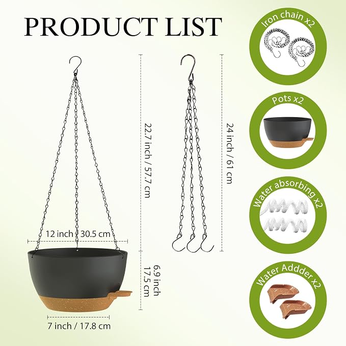 12 Inch Hanging Baskets 2 PC with Chains, Self-Watering Hanging Planters for Indoor Outdoor Plants, Plastic Hanging Flower Pots,Black Brown
