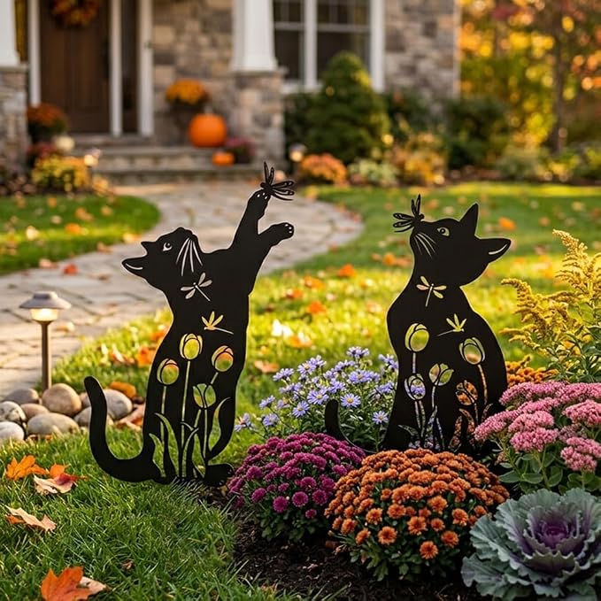 Metal Cat Garden Decor for Outside, Unique Cat Gifts for Women/Men Cats Lovers Gifts Rust Proof Black Silhouette Decorative Garden Stakes for Yard Art Decor, Lawn, Patio, Outdoor Decorations