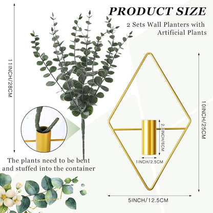 Jexine 8 Pcs Hanging Planters with Artificial Eucalyptus Metal Hanging Vase Indoor Plants Holder Modern Geometric Boho Bathroom Wall Decor for Living Room Home Office (Eucalyptus,Gold)