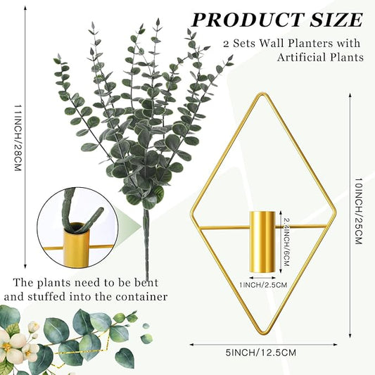 Jexine 8 Pcs Hanging Planters with Artificial Eucalyptus Metal Hanging Vase Indoor Plants Holder Modern Geometric Boho Bathroom Wall Decor for Living Room Home Office (Eucalyptus,Gold)