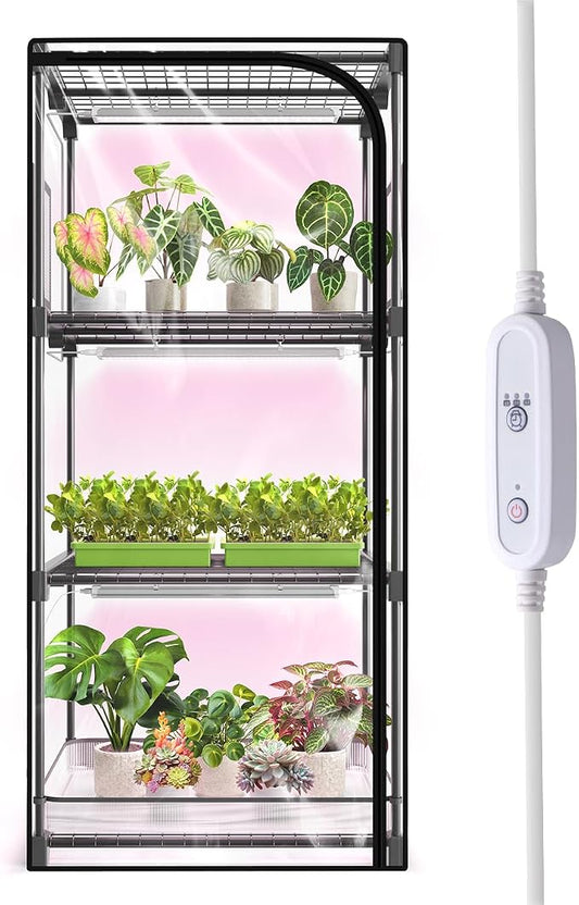 Indoor Greenhouse with Grow Light, 4-Tier Plant Stand with Zippered PVC Tent, Ventilation Window, Bottom Pouch, 20W Full Spectrum Plant Light with Timer for Seed Starting, 27"L x 19"W x 59"H