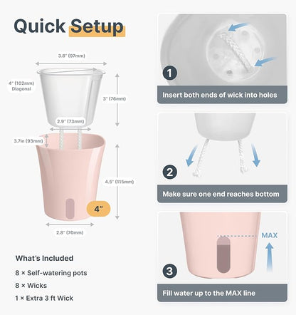 8 Pack 4" Self Watering Pots for Indoor Plants, Clear Inner Cup, Small Pink Plastic Planters, Water Level Indicator, Drainage Holes, Extra 3ft Wick, Cuttings,Seedlings,Herb,African Violets