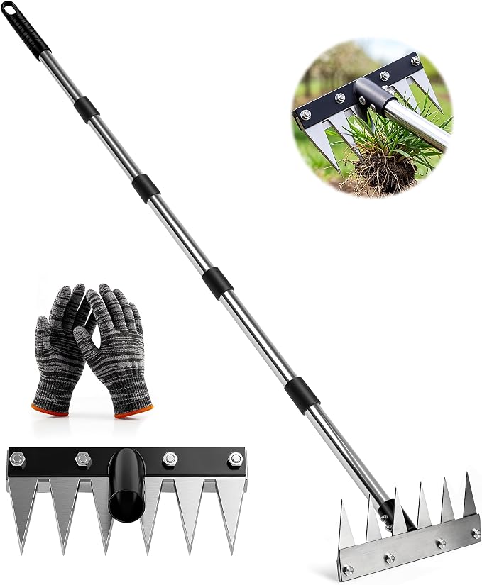 Weed Rake Tool for Garden, 2.0 Upgraded Heavy Duty Iron Weed Puller Tool with 71" Adjustable Long Handle, 6 Teeth Garden Rake Manual Weed Remover for Lawn, Yard, Garden | Heavy Duty, 71" Adjustable Long Handle