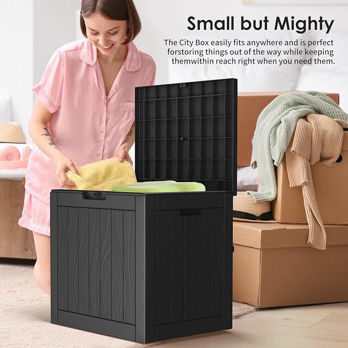 30 Gallon Deck Box, Waterproof Resin Outdoor Storage Box Lockable for Patio Furniture, Fade Resistant Patio Side Table & Organizer for Garden Tools, Pool Floats, Outdoor Cushions, Black