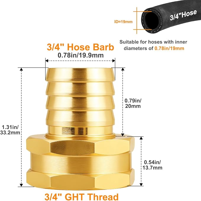 SIGURANTA 3/4" Hose Fitting Female | Brass GHT Thread Connector for Faucet/Bibb/Spigot | Garden Hose End Adapter (3/4" FHT Barb Fitting 10PCS)
