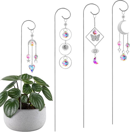 4 Pack Crystal Sun Catchers with 13.5'' Small Trellis for Potted Plants | Sliver,Indoor Plant Accessories,Fairy Garden Stakes Suncatcher Decoration for Home Window,Gift For Plant Lovers and Gardeners