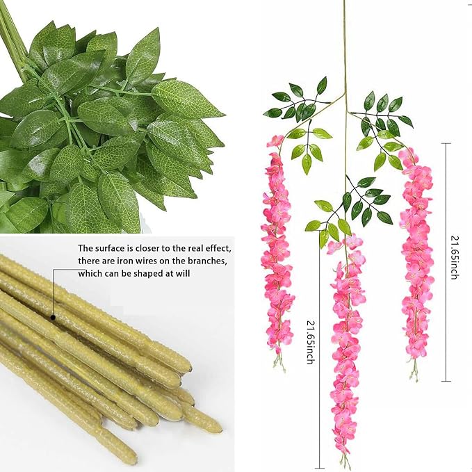 Artificial Wisteria Hanging Flowers-Fake Wisteria Flower Garland Silk Vines Rattan Decor for Home Wedding Arch Wall Garden Greenery Bedroom Outdoor Office Party Decoration(36, Dark Pink)