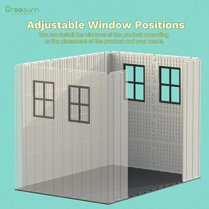 Greesum 8x6FT Plastic Outdoor Storage Shed with Floor, Resin Sheds with Window and Lockable Door, Easy Assembly, HDPE Kick-it Shed for Garden, Lawn, Backyard, Beige