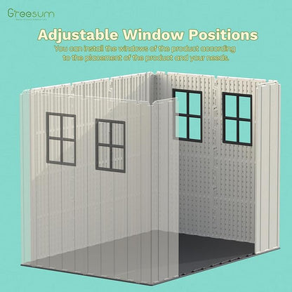 Greesum 8x6FT Plastic Outdoor Storage Shed with Floor, Resin Sheds with Window and Lockable Door, Easy Assembly, HDPE Kick-it Shed for Garden, Lawn, Backyard, Beige