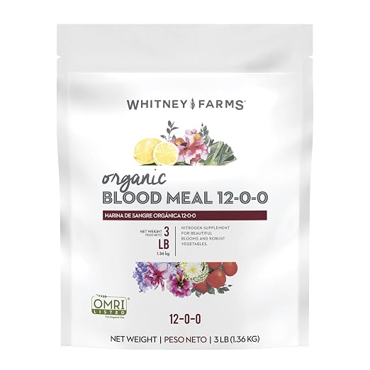 Whitney Farms Organic Blood Meal 12-0-0 - Nitrogen Fertilizer for Growth in Flowers, Vegetables, Bulbs, Trees and Shrubs, 3 lb.