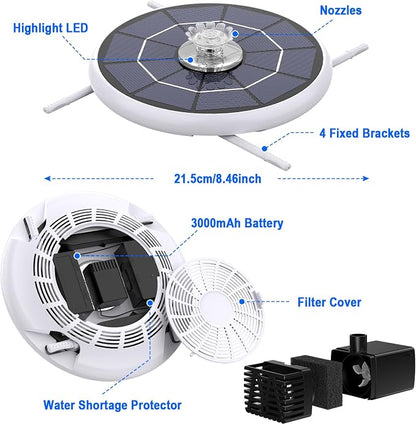 AISITIN 6.5W Solar Fountain for Bird Bath with 3000mAh Battery & Color Changing LED Light, 4 Anti-drift Brackets & 8 Nozzles, Solar Powered Bird Bath Fountain for Garden, Backyard, Fish Tank and Patio