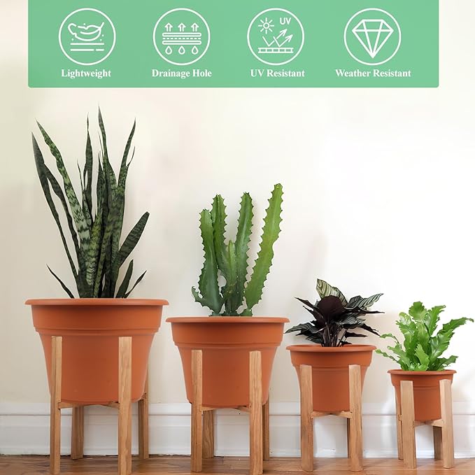Pottiffe 8 Inch Plastic-Flower Pot-for-Indoor Plants, 4 Pack Large Outdoor Planter Pot with Drainage Holes & Saucers, Resin Decorative Garden Pots Planters