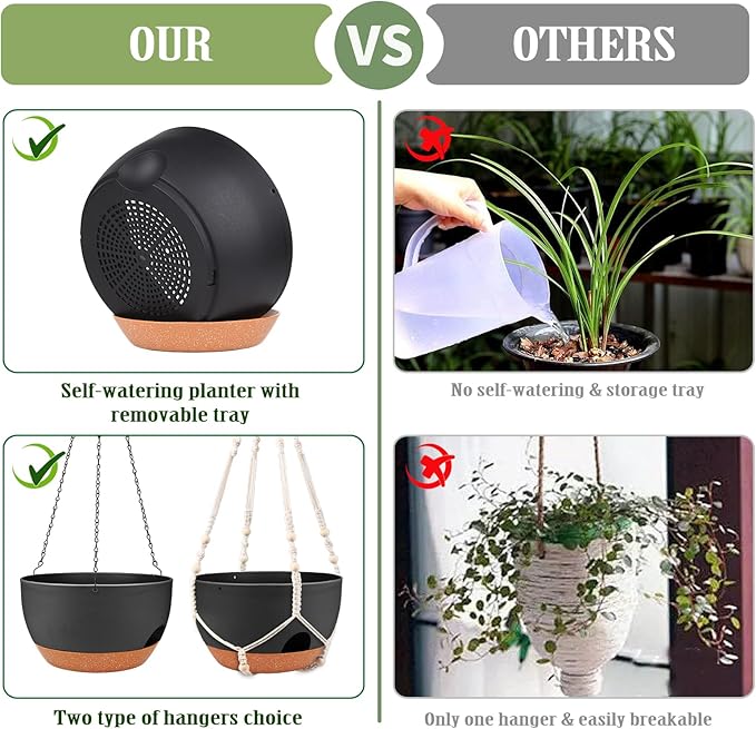 12 Inch Self Watering Hanging Planters with Removable Reservoir, 2 Pack | Drainage Holes, Metal Chain, for Indoor/Outdoor Plants, Patio,Balcony & Garden