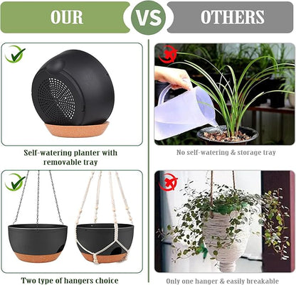 12 Inch Self Watering Hanging Planters with Removable Reservoir, 2 Pack | Drainage Holes, Metal Chain, for Indoor/Outdoor Plants, Patio,Balcony & Garden