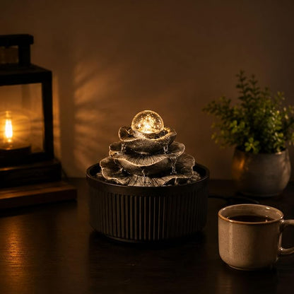 Indoor Tabletop Water Fountain - 3-Tier Lotus Leaf Design Waterfall with Warm Glowing LED & Rotating Ball, Zen Home Decor for Living Room Bedroom, Unique Housewarming Gift Idea