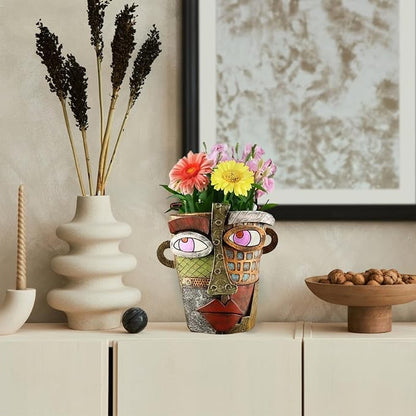 TOZLU Art Abstract Face Planters Pots Head,Picasso Brutalist Face Flower Pot Head Planter Pots Colorful Art Abstract Resin Flower Pot for Indoor and Outdoor Plants Funny Room Decor(Retro Big)