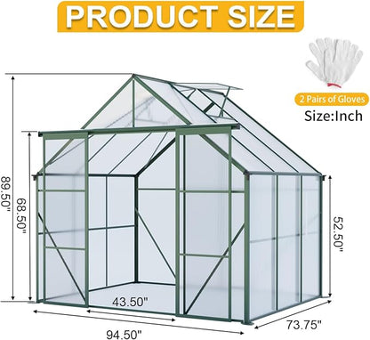 8x6 FT Greenhouse, Walk-in Polycarbonate Greenhouses with Double Sliding Doors, Aluminum Frame, Adjustable Roof Vent, Raised Base & Anchor, Outdoor Backyard Greenhouse for All Seasons, Green