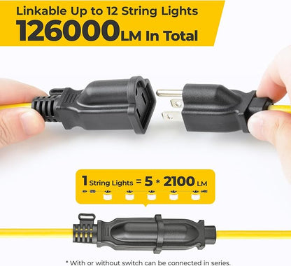 50FT 75W 3Prong Ultra Bright ETL Listed LED Work Construction String Lights | Linkable Up to 12 sets, 140 LM/W, 18/3 SJTW, IP65 Waterproof, Outdoor Temporary Hanging Lighting for Jobsite Shop Crawl Space