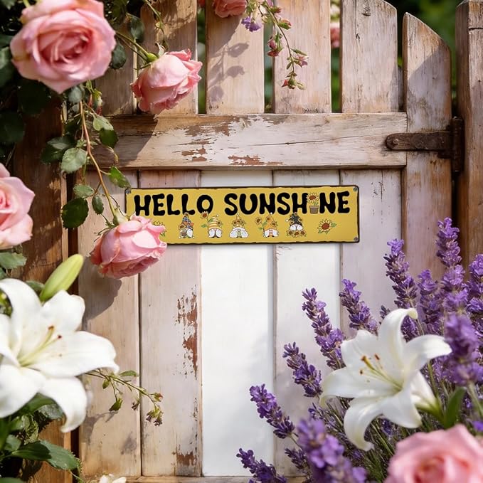 Garden Metal Tin Sign, Hello Sunshine Sign, Vintage Sunflower Farmhouse Wall Art, for Yard Fence Porch, Rustic Outdoor Garden Decoration, Gifts for Gnome Lovers, 15.7 x 3.9 Inches