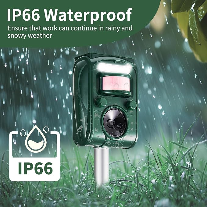Adjustable-Mode Solar Ultrasonic Animal Repellent, Squirrel Deer Cat Raccoon Repellent Device, Outdoor Waterproof Motion Detection Animal Deterrent, Rabbit Dog Deterrent for Yard, 1P Dark Green