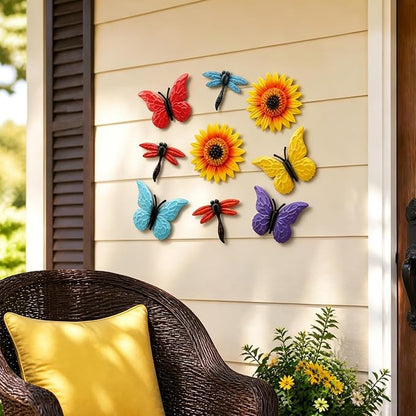 Pumtus 9 Pack Metal Flowers Wall Decor, Small Outdoor Fence Decoration, Butterfly Dragonfly Wall Art Ornament, Hanging Sunflower Animal Sculptures for Garden Patio Backyard Deck Home