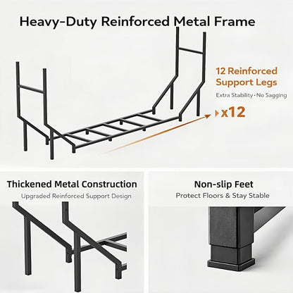 6 ft Firewood Rack Outdoor, Heavy Duty Metal Fire Wood Rack for 880LBS Capacity, 1/4 Cord Log Holder with 12 Support Legs for Patio, Porch and Indoor Fireplace